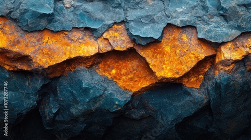 Close-up of a rugged rock face with a vein of bright orange mineral running through it.