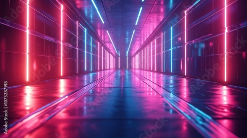 A long, narrow corridor with blue and pink neon lights reflecting on the shiny floor.