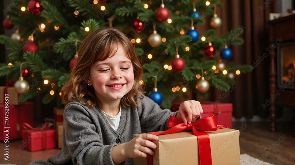 Girl unwrapping Christmas gift by tree with joy Girl unwrapping Christmas gift by tree with joy