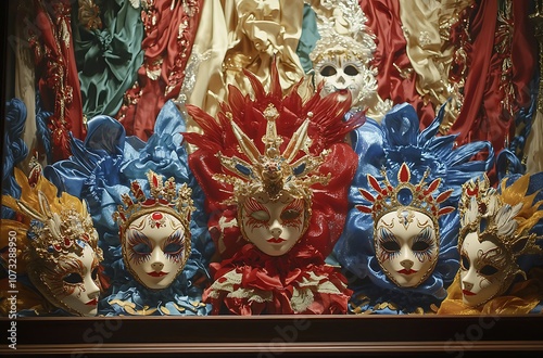 A display of colorful and ornate Venetian masks