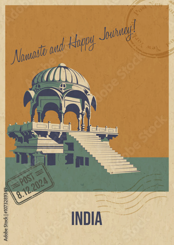 India Attraction Postcard, Gadisar Lake Illustration, Vector Template Retro Style Greeting Card with handwriting wish. Postal Imprint, Aged Paper Texture