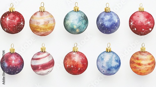 Colorful Christmas ornaments designed to resemble planets, showcasing various textures and colors, perfect for festive decoration.