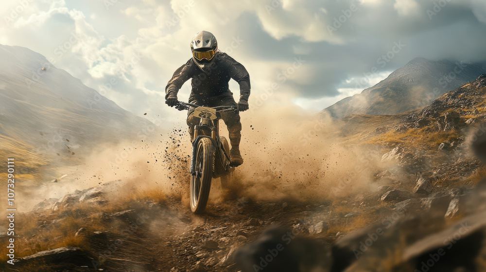 Naklejka premium Mountain Biker Navigating a Rugged Trail