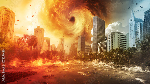Dramatic Cityscape with Encroaching Natural Catastrophe in Background - The vivid imagery highlights themes of disaster, contrast, and impending impact.