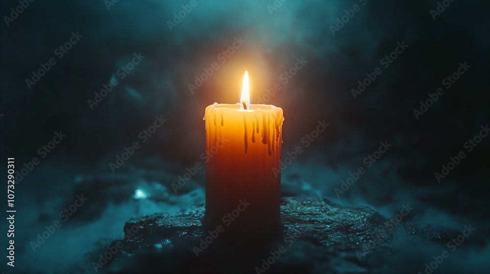 A single candle burning in the dark, symbolizing hope and resilience. Concept of minimalism