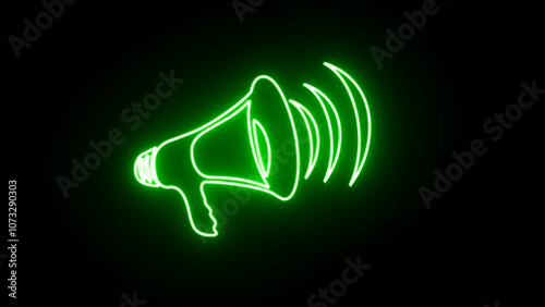 Abstract glowing green neon hand speaker icon with sound wave. Concept of megaphone on black background