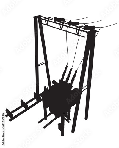 Silhouette Power grid substation - vector illustration. High voltage transmission systems. Electric pole. Power lines. A network of interconnected electrical. City electricity infrastructure Isometric