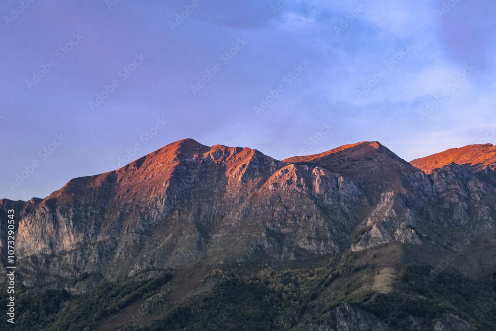 Naklejka premium Greben mountain range, Accursed Mountains (Prokletije), Montenegro — monumental peaks at sunset