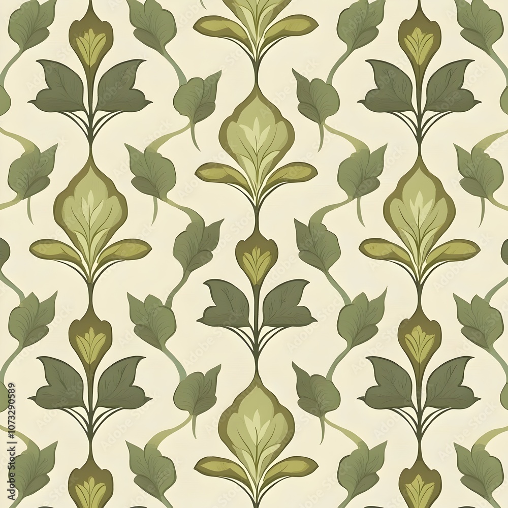 A beautiful repeating floral pattern featuring an array of green leaves and elegant blossoms set against a light beige background, creating a soothing natural ambiance. A beautiful repeating floral pattern featuring an array of green leaves and elegant blossoms set against a light beige background, creating a soothing natural ambiance.