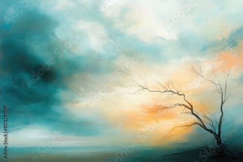 A Somber Sunset Over a Windswept Landscape With Bare Branches Reaching Skyward photo