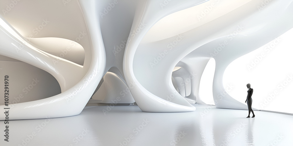 Obraz premium Futuristic White Architectural Interior With Abstract Curves and Man - A solitary man observes the expansive space, enhancing a sense of futuristic design and innovation.