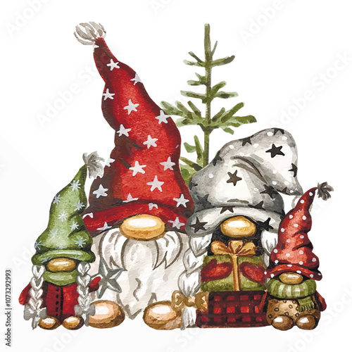 Vector freehand stylized watercolor illustration of cute scandinavian Christmas gnomes. Hygge xmas watercolour hand drawn.