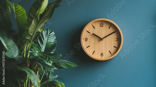 A wooden clock on a wall, ticking slowly, representing the passage of time in a relaxed way. Concept of slow living. photo