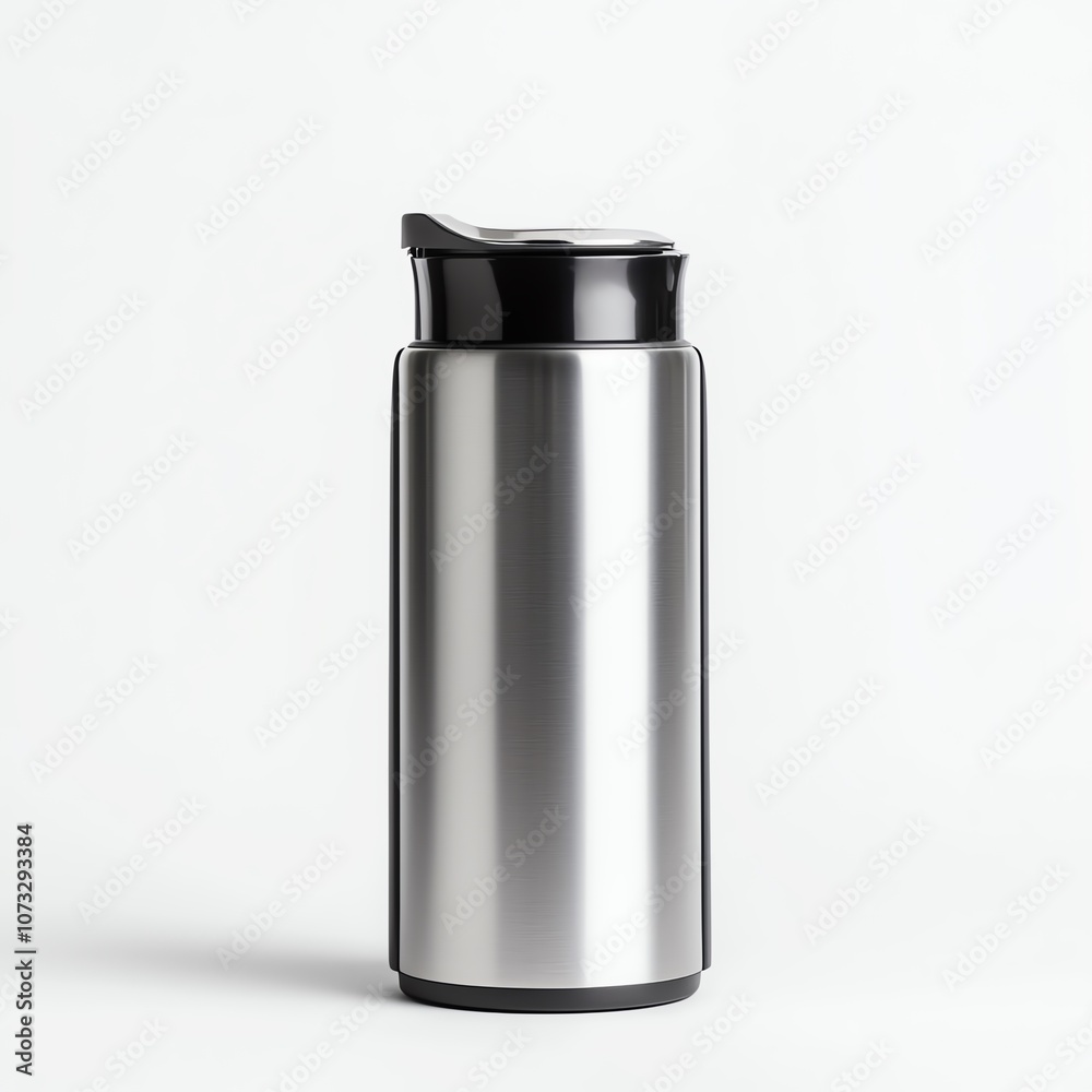 Sleek stainless steel travel mug with a black lid on a minimalist background. Sleek stainless steel travel mug with a black lid on a minimalist background.
