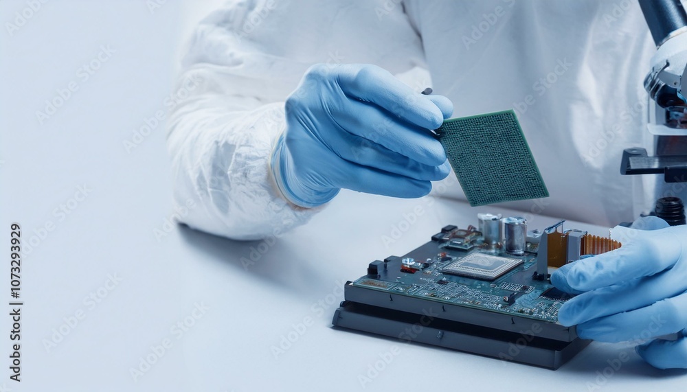 Worker wearing gloves testing electronic components with specialized equipment, electronic testing, quality verification,aligh center Worker wearing gloves testing electronic components with specialized equipment, electronic testing, quality verification,aligh center
