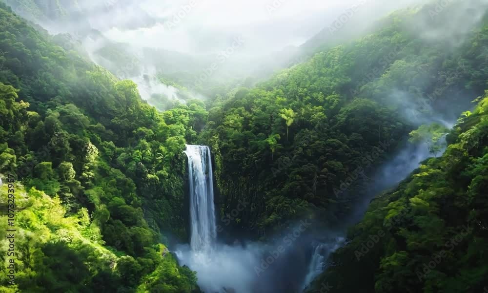 Majestic Waterfall Cascading Through Lush Green Forest in a Misty Tropical Jungle Landscape Majestic Waterfall Cascading Through Lush Green Forest in a Misty Tropical Jungle Landscape