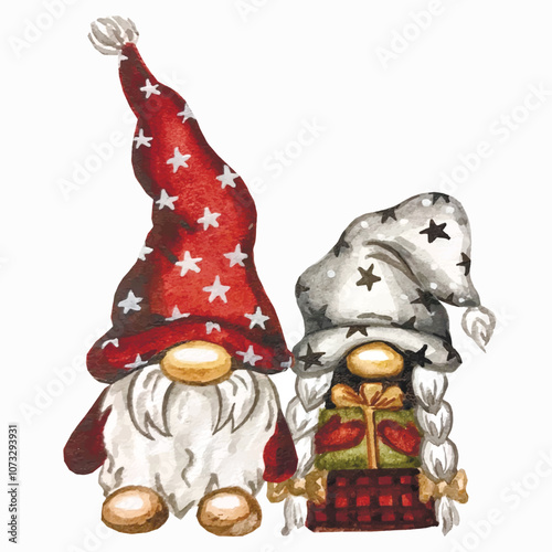 Vector freehand stylized watercolor illustration of cute scandinavian Christmas gnomes. Hygge xmas watercolour hand drawn.