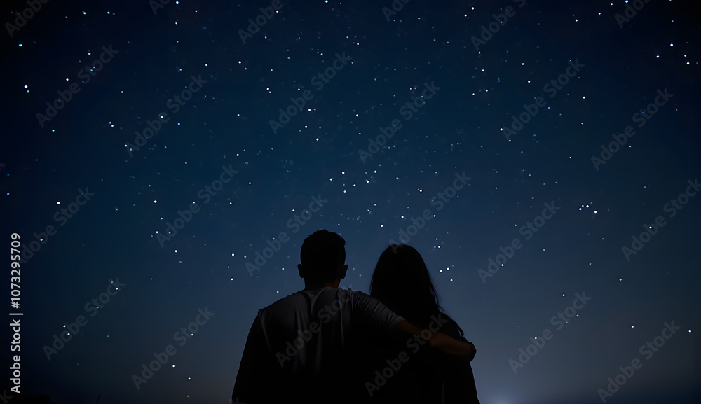 Couple gazing at starry night sky, romantic atmosphere, silhouette against the stars Couple gazing at starry night sky, romantic atmosphere, silhouette against the stars