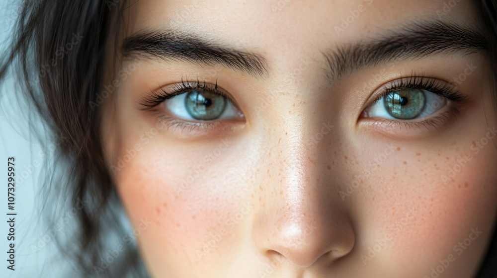 Fototapeta premium Asian woman's face closeup with healthy skin, beautiful features, isolated on white