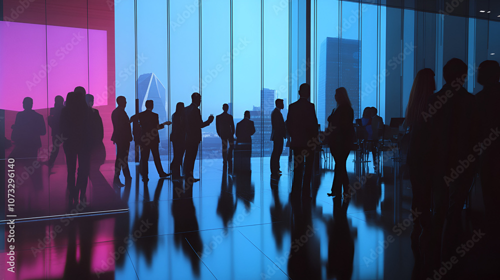 A group of silhouetted professionals engage in discussion against a vibrant backdrop - collaborative work in a modern office setting, fostering innovation and communication. A group of silhouetted professionals engage in discussion against a vibrant backdrop - collaborative work in a modern office setting, fostering innovation and communication.
