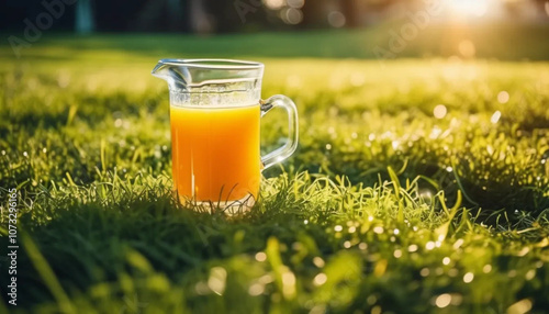 Jug of orange juice on the grass. 