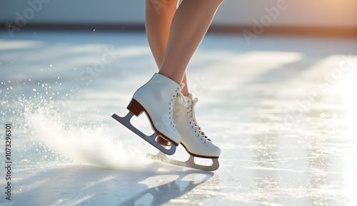 Close-up of figure skater's skates on ice, sunlight effect, graceful movement, artistic performance
