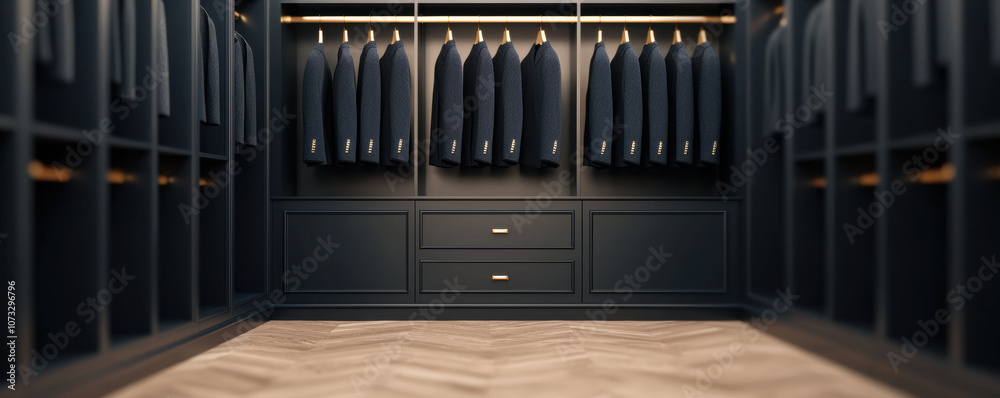 A stylish and organized wardrobe featuring neatly hung suits and modern cabinetry. A stylish and organized wardrobe featuring neatly hung suits and modern cabinetry.