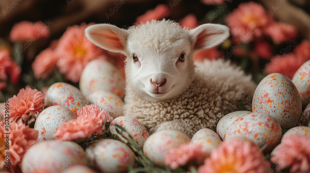 lamb decorated Easter eggs in a garden