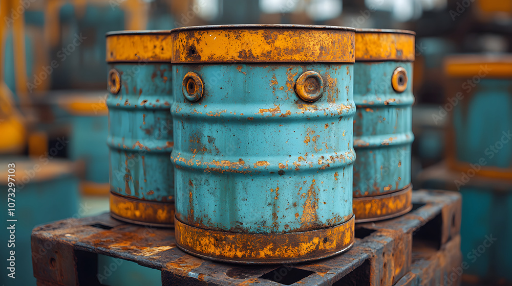 Three rusted blue barrels with orange tops sit atop a wooden pallet in an industrial setting, showcasing wear and patina. Three rusted blue barrels with orange tops sit atop a wooden pallet in an industrial setting, showcasing wear and patina.