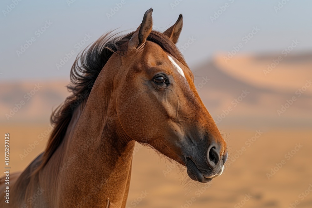 Obraz premium Elegant Arabian Horse in Profile Against Desert Background