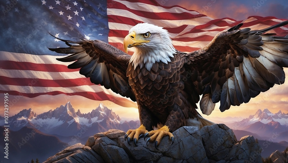 Fototapeta premium Eagle on the rock with USA flag background 
