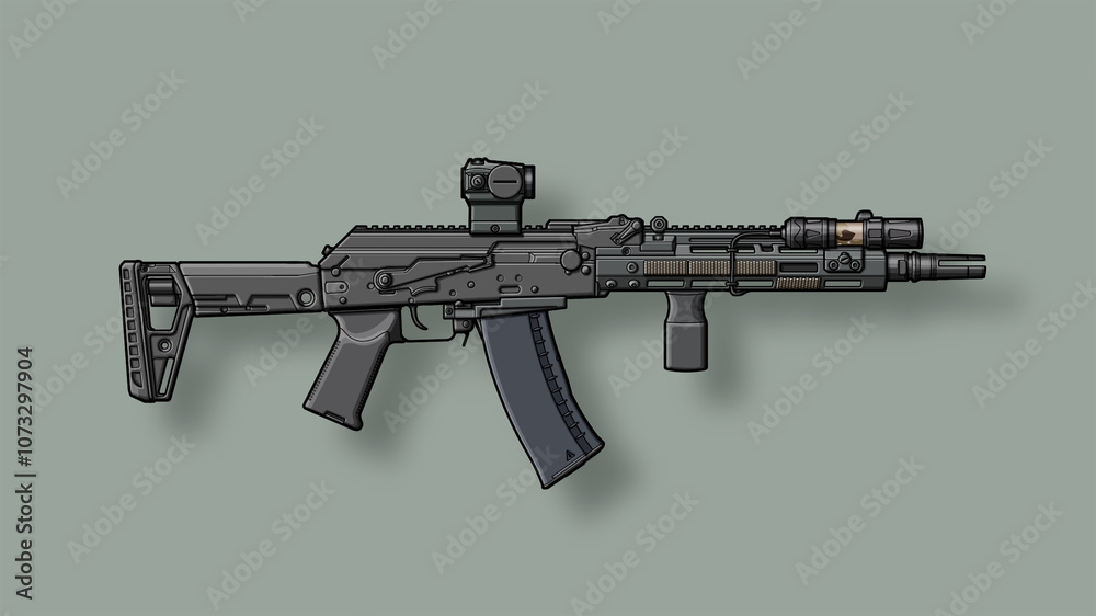 Upgraded AK 105 assault rifle with collimator sight, tactical grip, folding stock, flashlight on transparent background Upgraded AK 105 assault rifle with collimator sight, tactical grip, folding stock, flashlight on transparent background