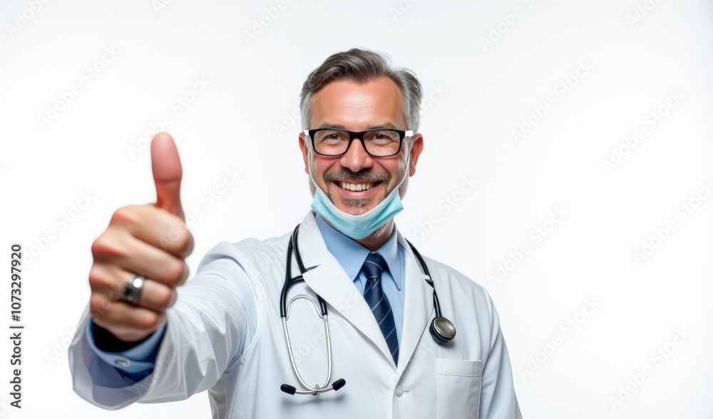 A doctor in a mask and bathrobe gives a thumbs up on a white background A doctor in a mask and bathrobe gives a thumbs up on a white background