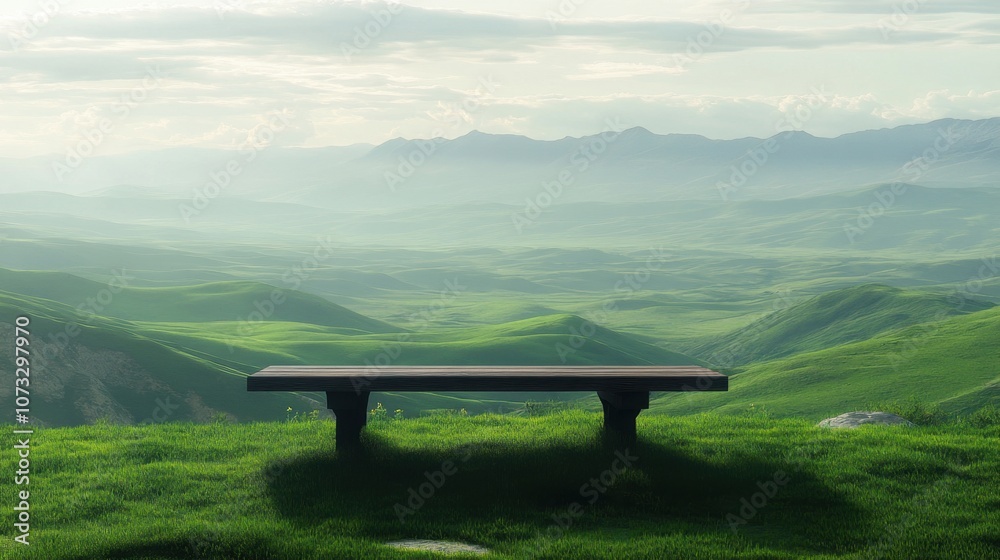 Empty table in green grass atop a mountain, capturing a serene view of distant landscapes Empty table in green grass atop a mountain, capturing a serene view of distant landscapes