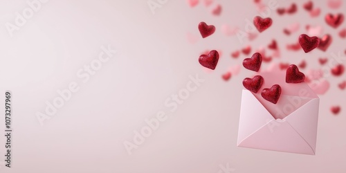 A pink envelope with many red hearts flying out of it. The envelope is the main focus of the image, but the hearts surrounding it create a sense of love and affection