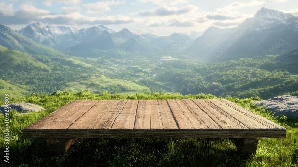 Empty wooden table on grassy hilltop, mountains and valleys extending into the distance under sunlight Empty wooden table on grassy hilltop, mountains and valleys extending into the distance under sunlight