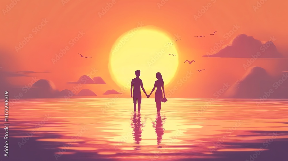 Fototapeta premium a 2D cartoon illustration of a couple holding hands at a romantic sunset, warm and loving, white background--ar 16:9