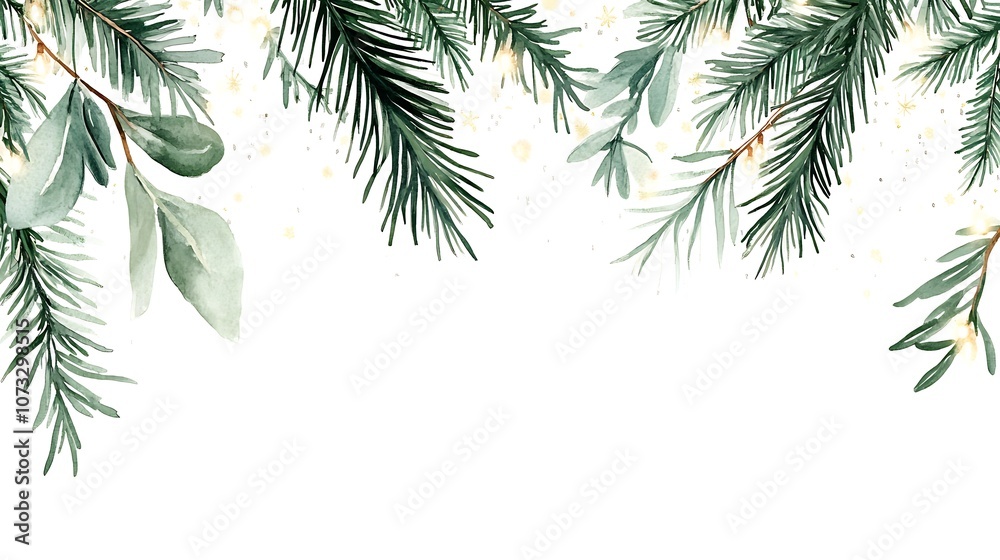 Fototapeta premium A decorative border of green pine and leaves on a white background, ideal for holiday themes.