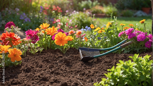 A vibrant garden scene with a small rake nestled among colorful flowers, capturing the essence of gardening.