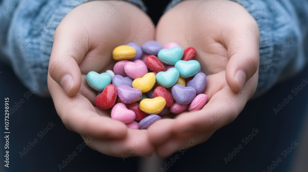 Colorful heart-shaped candies cradled in hands, symbolizing care and sweetness Colorful heart-shaped candies cradled in hands, symbolizing care and sweetness