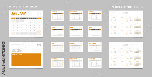Set of 2025 Pages Monthly Calendar Planner Templates, Cover with Place for Photo, Company Logo, Annual 2025-2026. Calendar Vector pages size Letter-8.5x11in with 2 weekend for print Week start Sunday