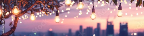 outdoor edison bulbs glowing, twilight cityscape backdrop, suspended lighting arrangement, evening mood, defocused urban lights, warm illumination, atmospheric dusk photography photo