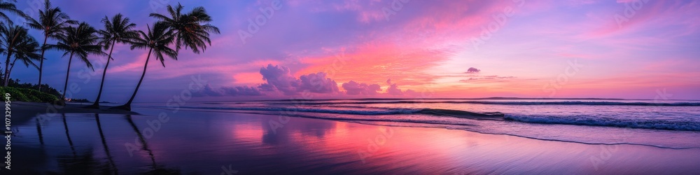 tropical beach sunset, silhouetted palm trees, magenta sky, reflective wet sand, golden sun orb, dreamy coastal scenery, pink clouds formation, gentle ocean waves, paradise island photography, tropical beach sunset, silhouetted palm trees, magenta sky, reflective wet sand, golden sun orb, dreamy coastal scenery, pink clouds formation, gentle ocean waves, paradise island photography,