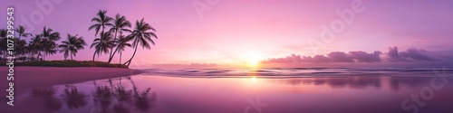 tropical beach sunset, silhouetted palm trees, magenta sky, reflective wet sand, golden sun orb, dreamy coastal scenery, pink clouds formation, gentle ocean waves, paradise island photography,