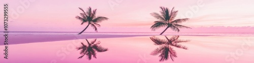 exotic shoreline dusk, vibrant pink atmosphere, swaying coconut palms, pristine sandy beach, tranquil ocean waves, dramatic sunset colors, mirror-like sand reflection, peaceful seaside landscape