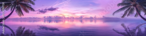 beachfront paradise scene, violet sunset glow, majestic palm trees, soft wave patterns, golden sun rays, pastel colored clouds, mirror beach reflections, luxury tropical photography, dreamy seaside