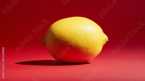 A bright yellow lemon positioned centrally against a vivid crimson red background. The striking contrast between the lemona photo