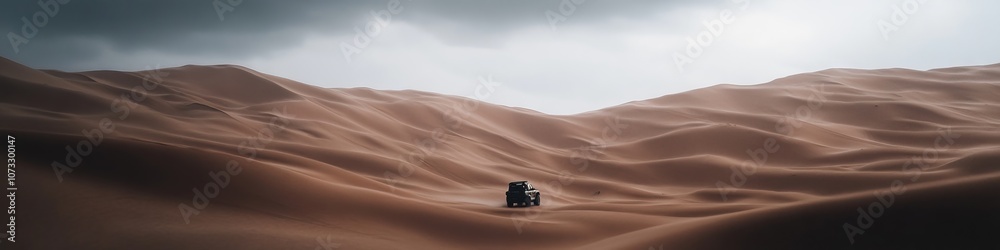majestic desert expanse, rolling sand dunes, tiny vehicle for scale, dreamy desert light, rippled sand texture, dramatic overcast sky, epic landscape photography, wilderness adventure scene majestic desert expanse, rolling sand dunes, tiny vehicle for scale, dreamy desert light, rippled sand texture, dramatic overcast sky, epic landscape photography, wilderness adventure scene