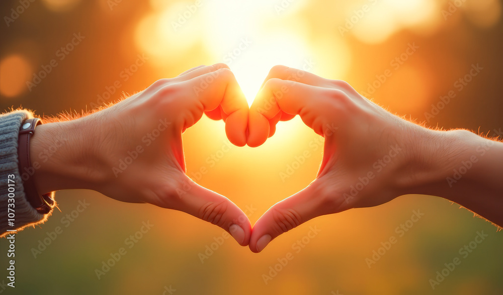 Fototapeta premium Two hands with fingers make the shape of a heart, at sunset, sunrise
