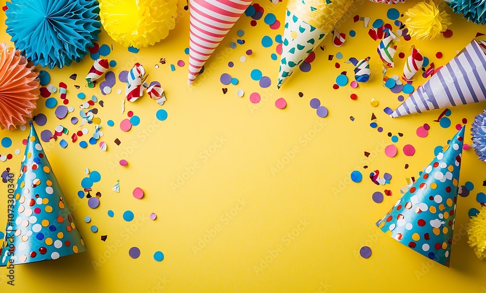 Obraz premium Yellow background with colorful birthday decorations